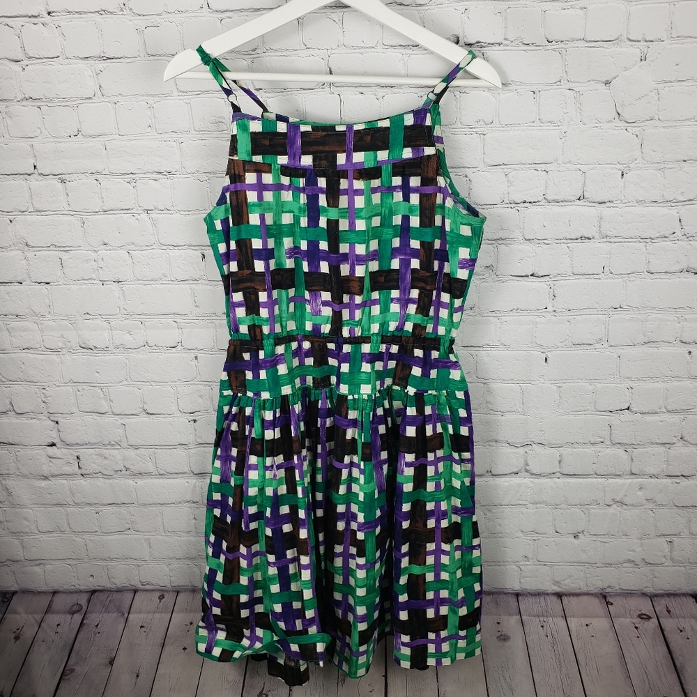 Duro Olowu Green Purple Checked Stretch Midi Dress